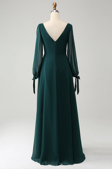 A Line Dark Green Bateau Neck Chiffon brudepike kjole med Slit